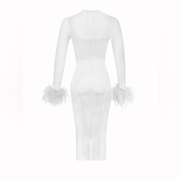 NWT Miss Circle White Satin Mesh Sleeve Dress With Feather - Picture 12 of 15